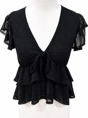 Frankee & Skylarr Black Tie-Front Ruffle Peplum Blouse Medium